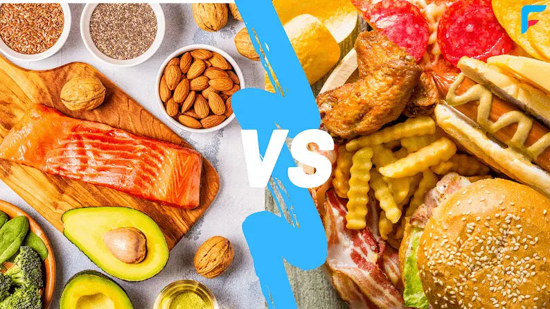 Half of the image shows healthy foods such as salmon and avocado, while the other half features fast food; a blue arrow with 'VS' in the center highlights the contrast between healthy and less healthy food.